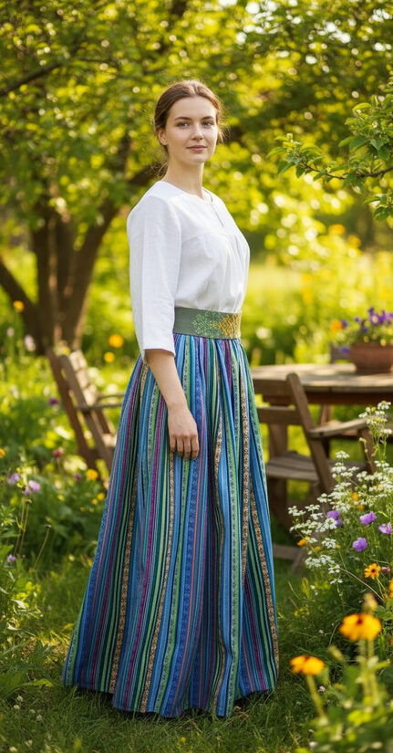 Stilizēti tautiskie svārki, zilganie